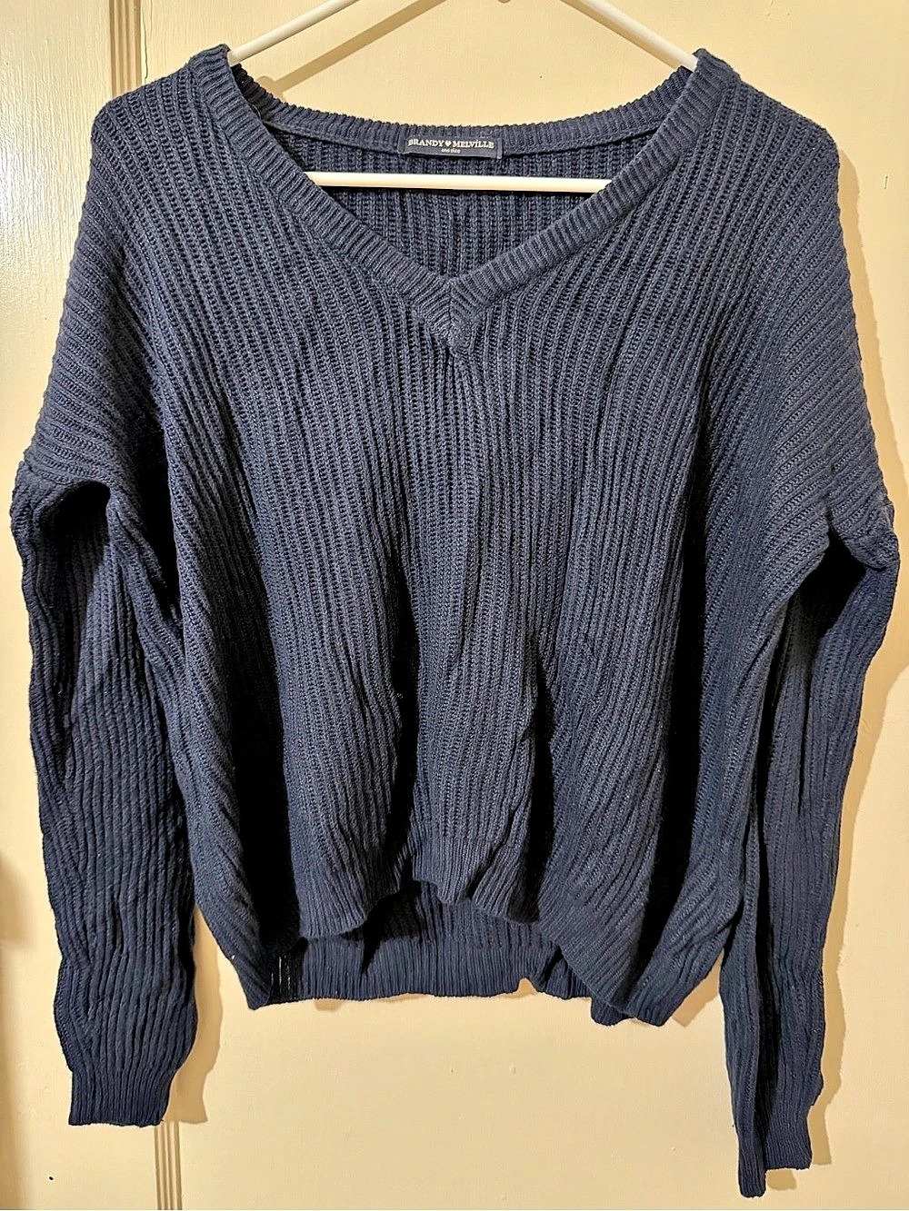 Brandy Melville V-Neck Knit Sweater in Navy